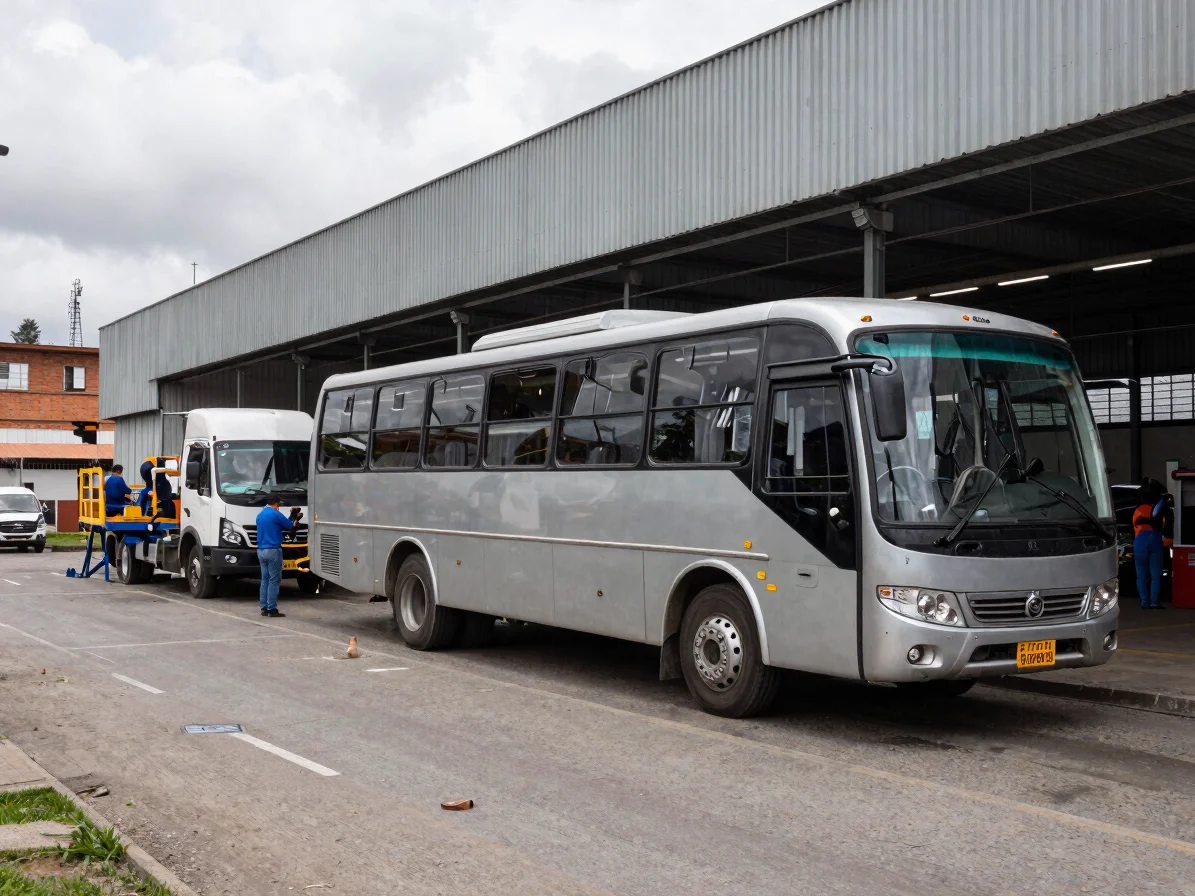 Camión y bus en revisión en zona de taller industrial, luz diurna nublada, encuadre amplio, personas trabajando en plata