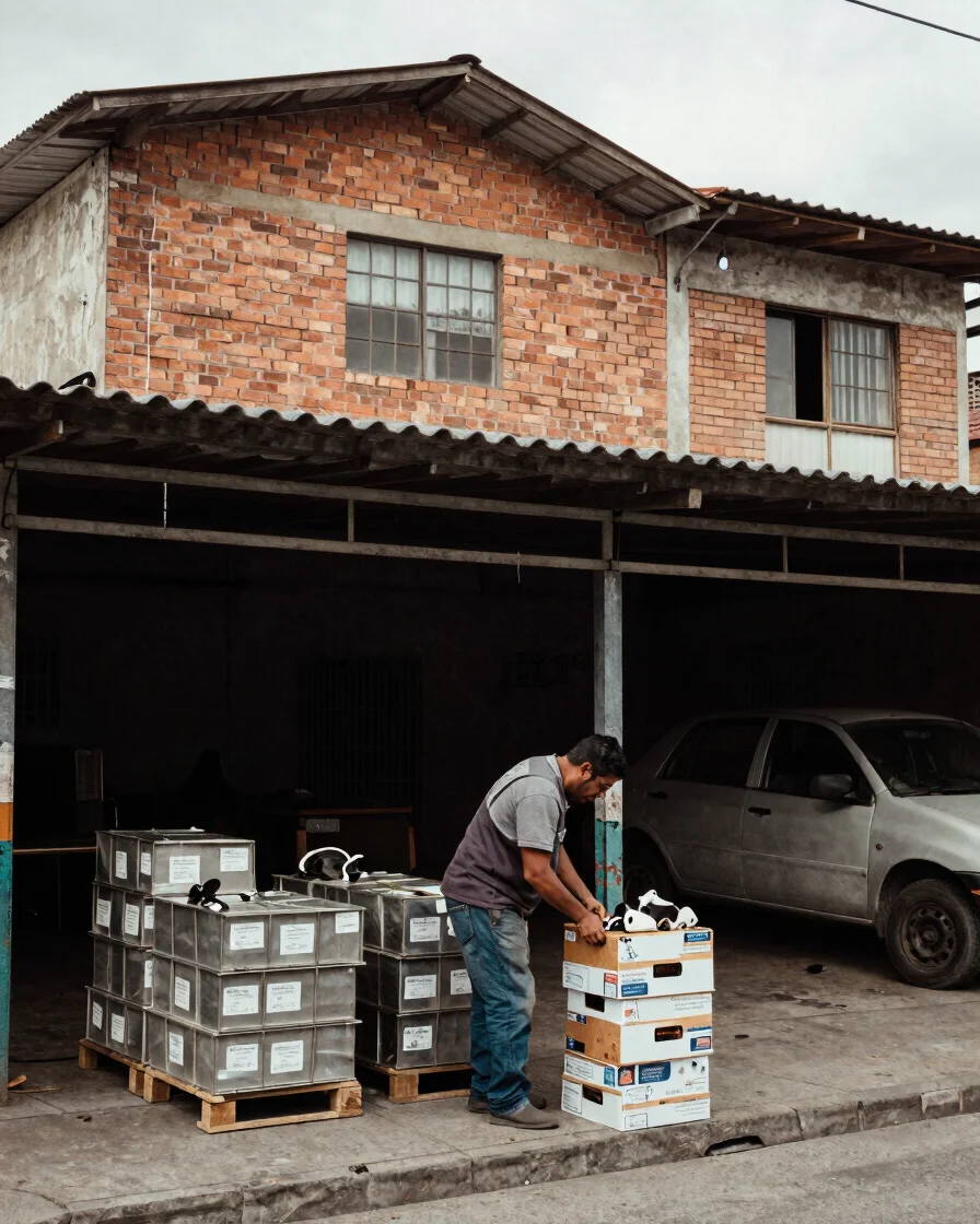 Fotografía documental sobria de bodegas y almacén de repuestos en Bogotá D.C., con un operario revisando cajas de piezas